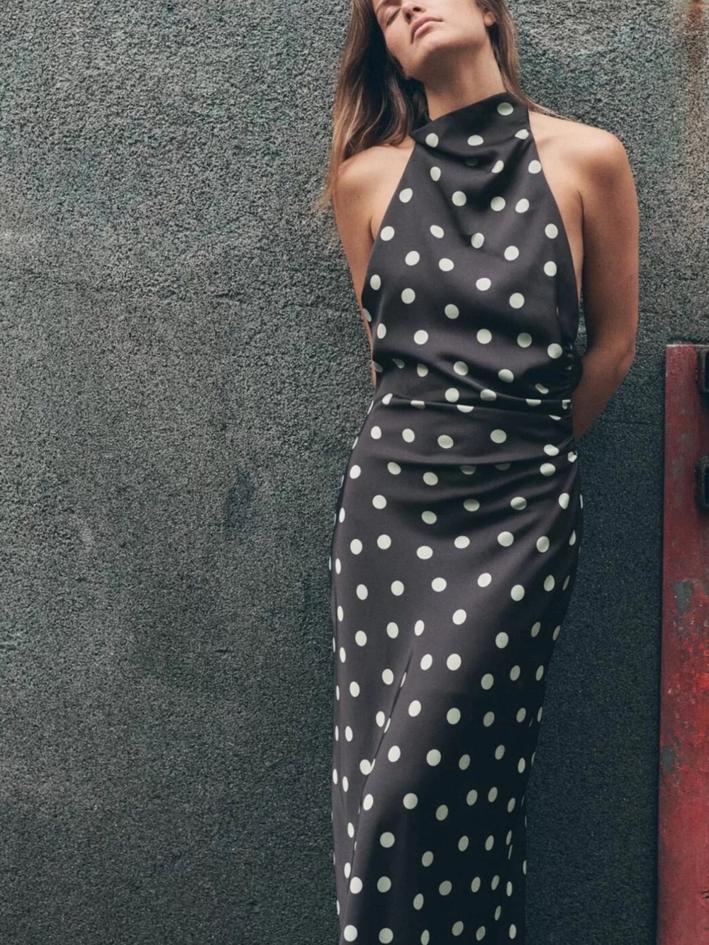 Zara Black Polka Dot Backless Halter Midi Dress - Picture 6 of 8